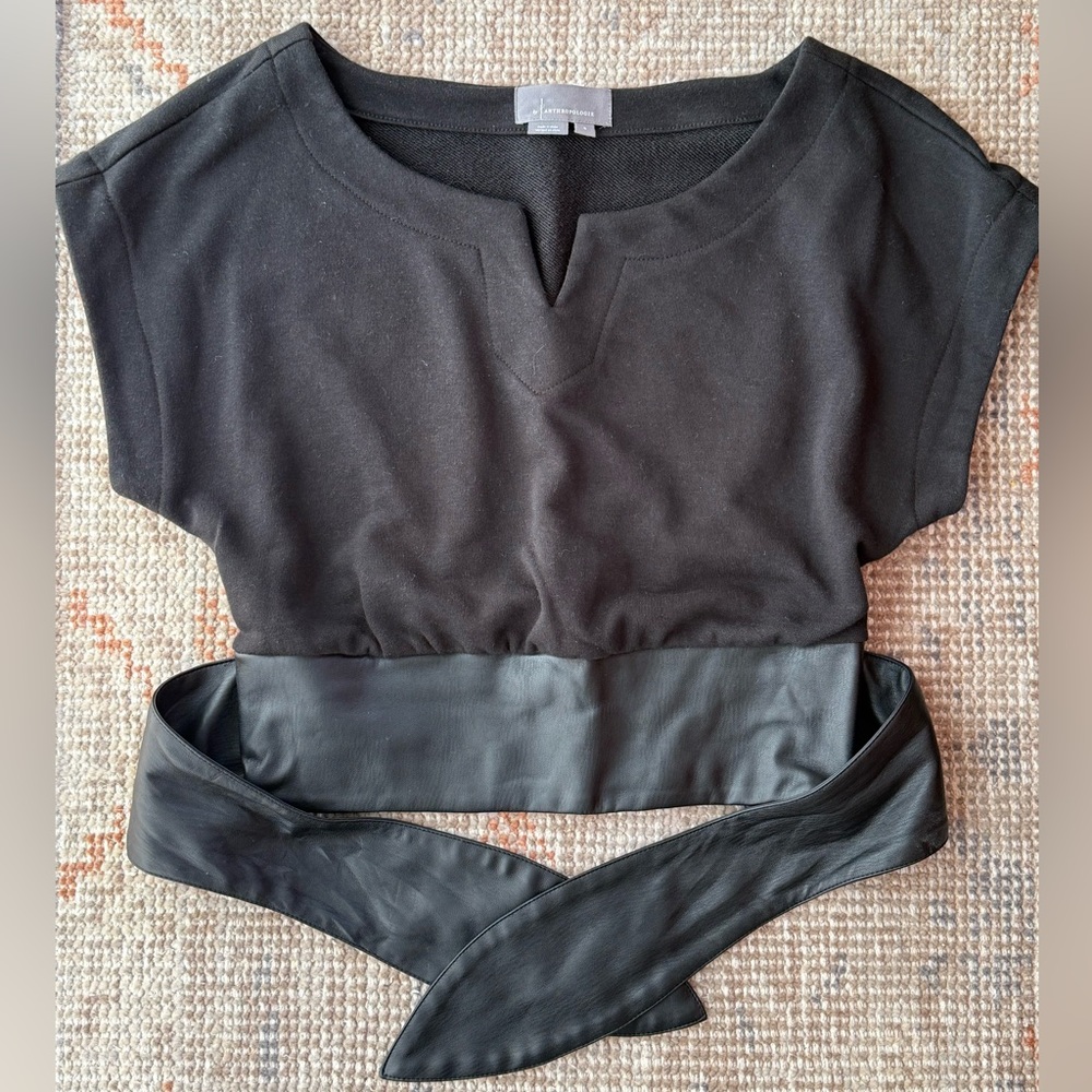 Anthropologie Faux Leather Tie Waist Blouse